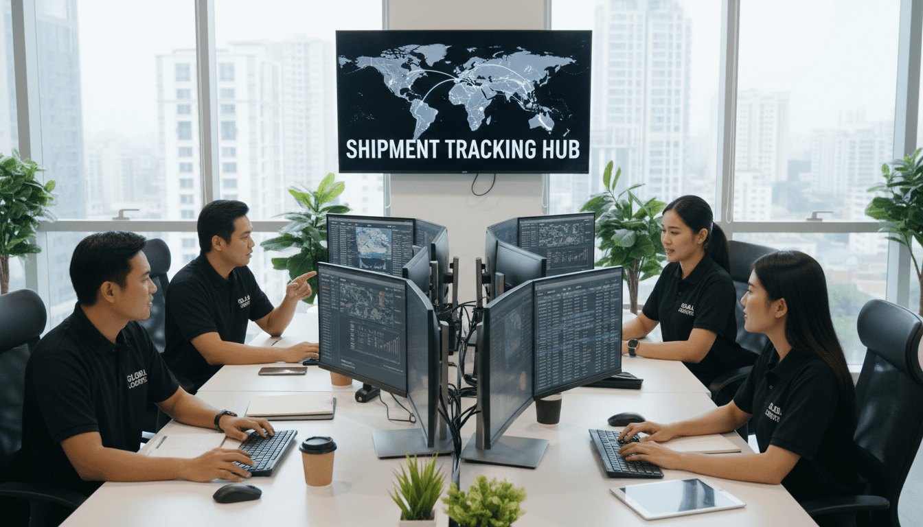 Logistics team tracking shipments on computers in a modern office setting