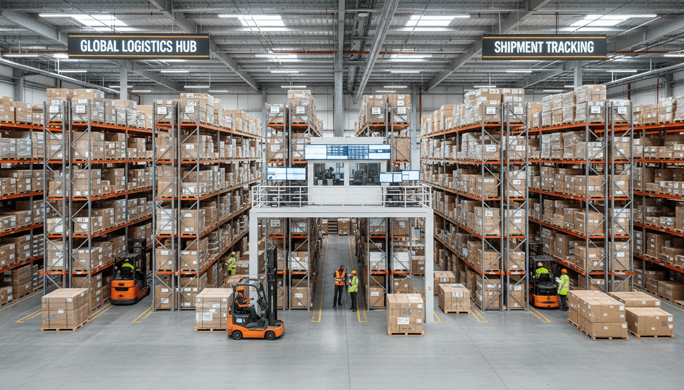 Modern air freight logistics facility with organized packages and tracking systems