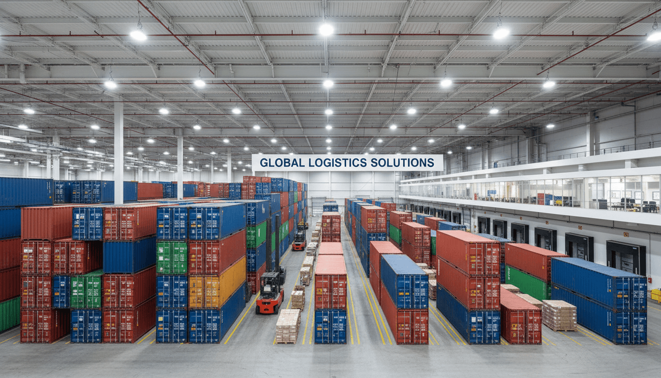 International shipping containers stacked in organized logistics warehouse facility