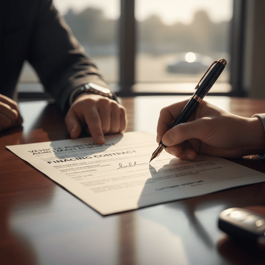Customer's hand signing vehicle financing contract with pen on polished desk with finance professional assisting
