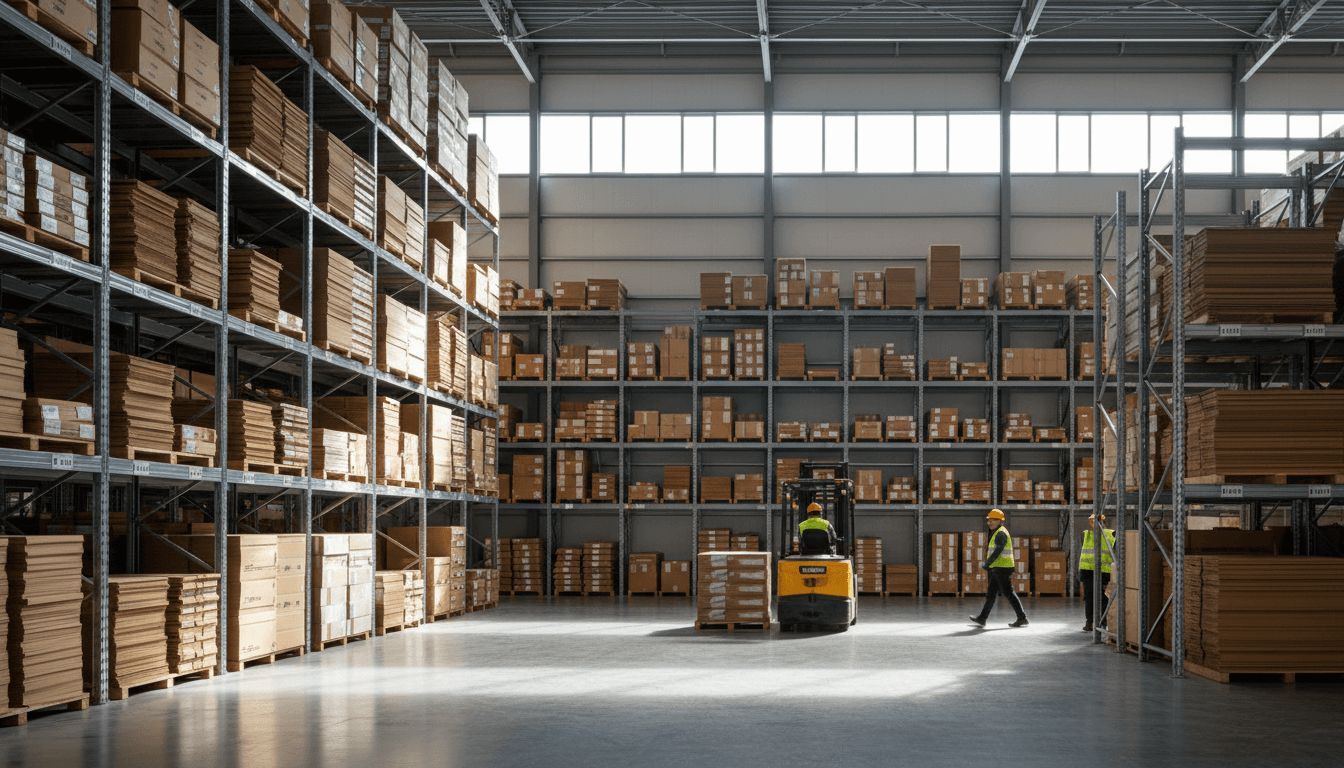 Expansive warehouse interior with floor-to-ceiling cardboard inventory, forklift, and workers managing wholesale distribution