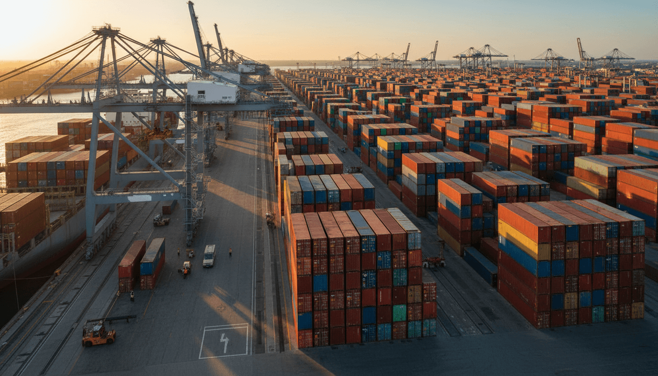 Container ship loaded with colorful shipping containers at a busy port