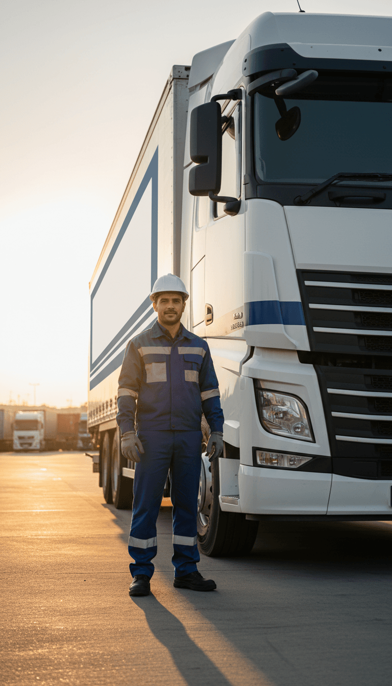 Professional truck driver in uniform standing confidently in front of large commercial transport vehicle during golden hour