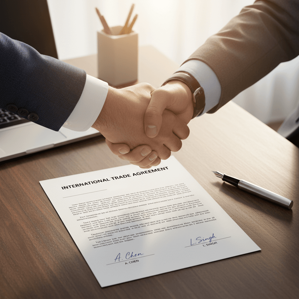 Two business professionals shaking hands over signed contract on wooden desk, symbolizing international trade agreement