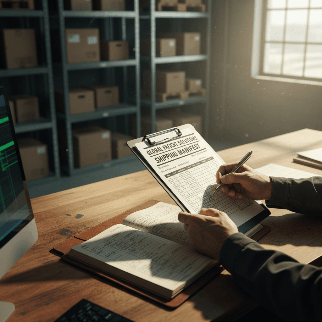 Logistics coordinator reviewing shipping manifest and freight documentation on clipboard in warehouse office with natural light