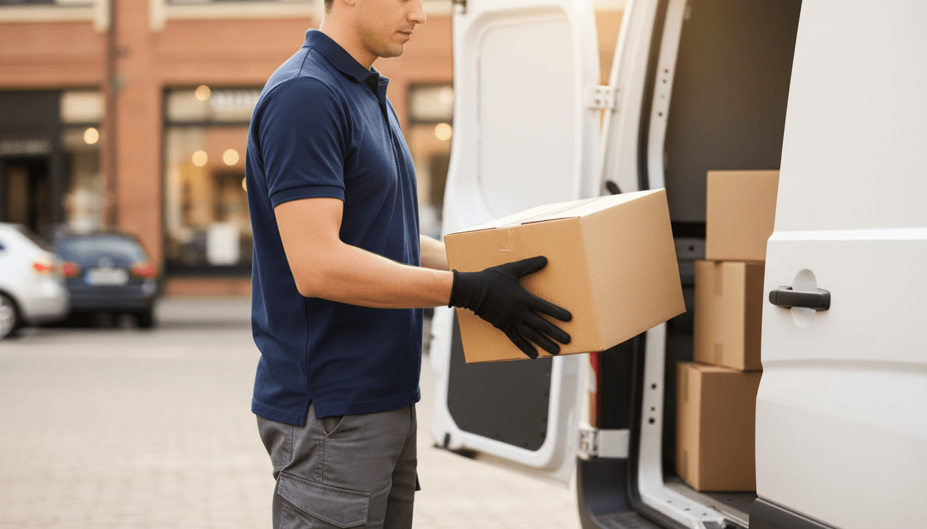 Delivery driver checking inventory beside a logistics van