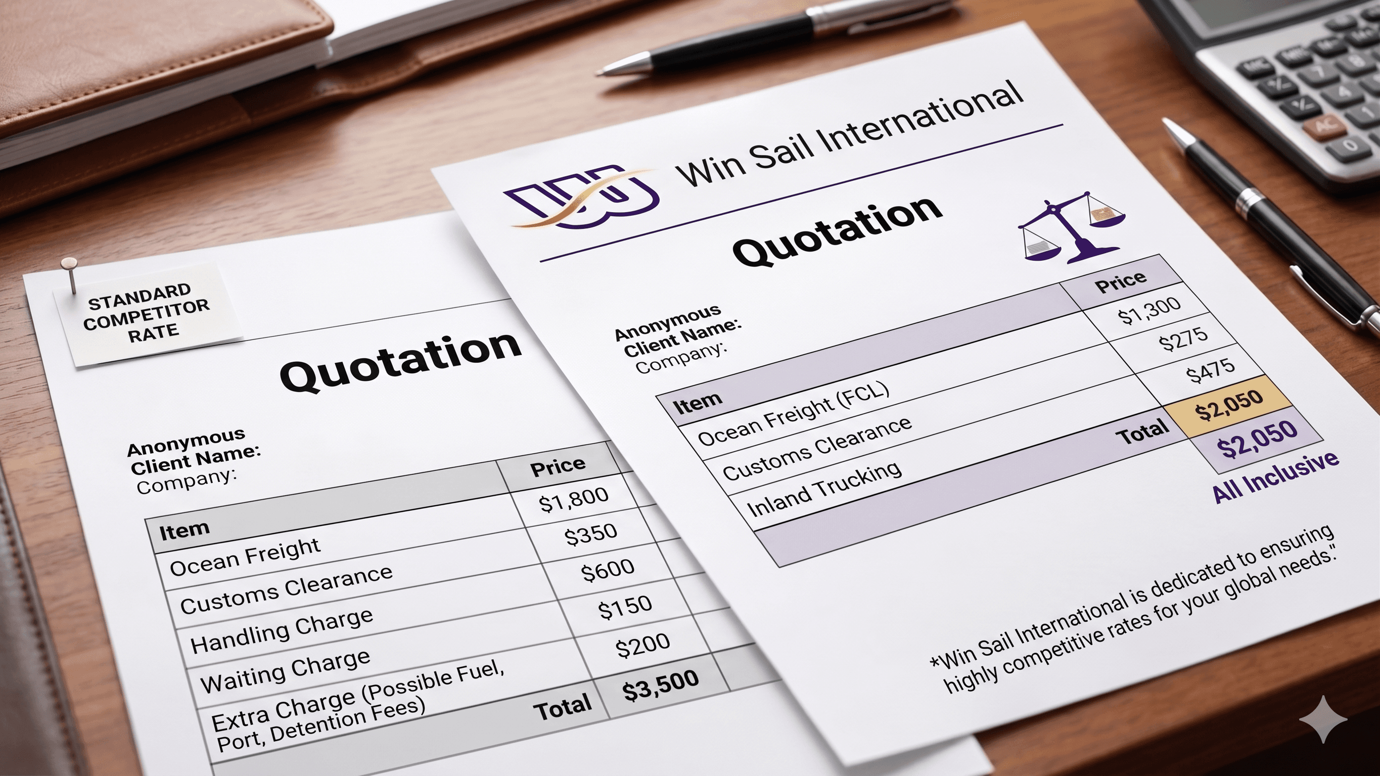 Comparison of two shipping quotes showing Win Sail International's lower price versus a standard competitor.